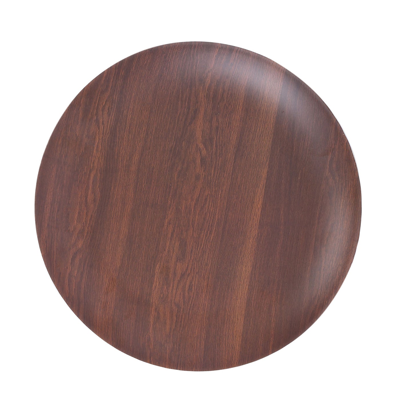 Rustic brown round melamine dinner plate with wood grain finish.