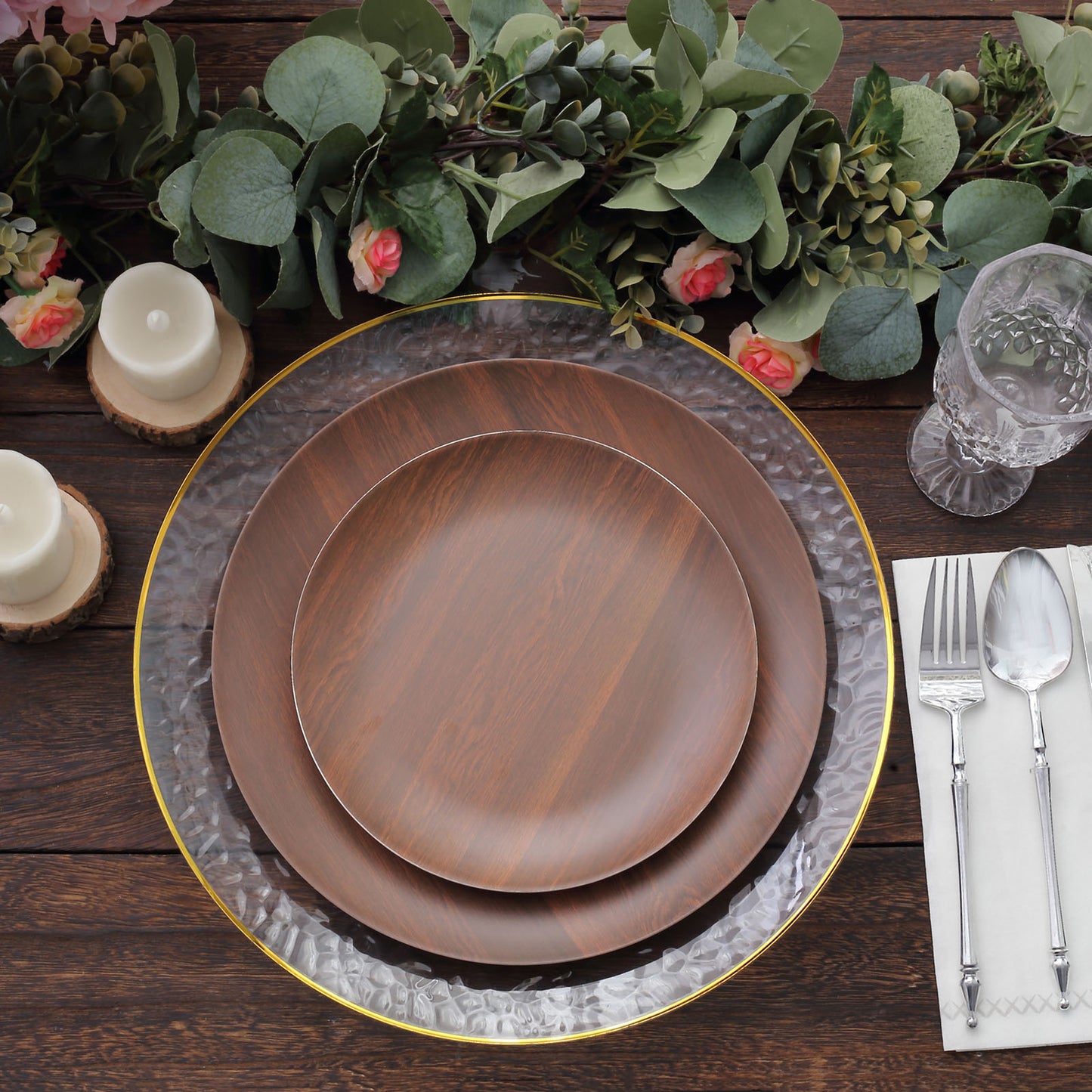 Rustic brown shatterproof melamine dinner plates arranged on a wooden table.