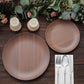 Rustic brown wood grain shatterproof melamine dinner plates on a wooden table.