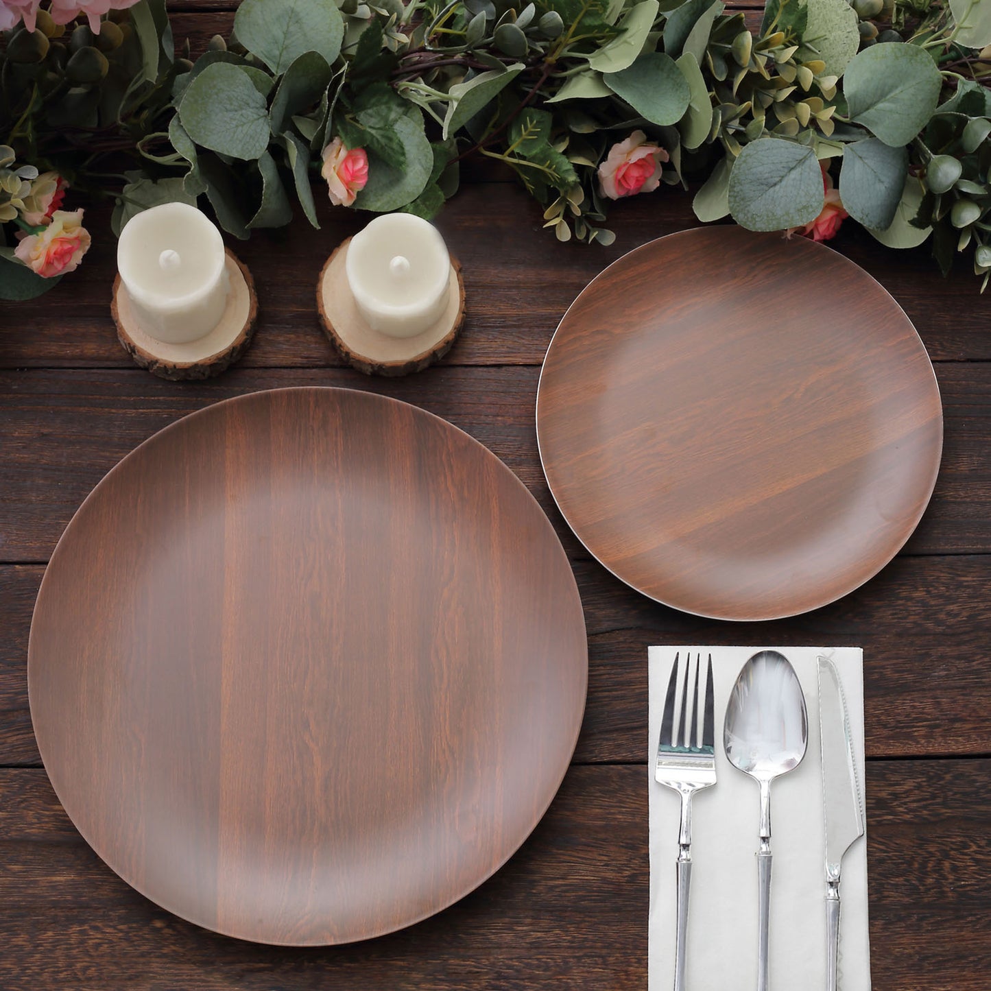 Rustic brown wood grain shatterproof melamine dinner plates on a wooden table.