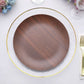 Rustic brown round shatterproof melamine dinner plate on a table setting.