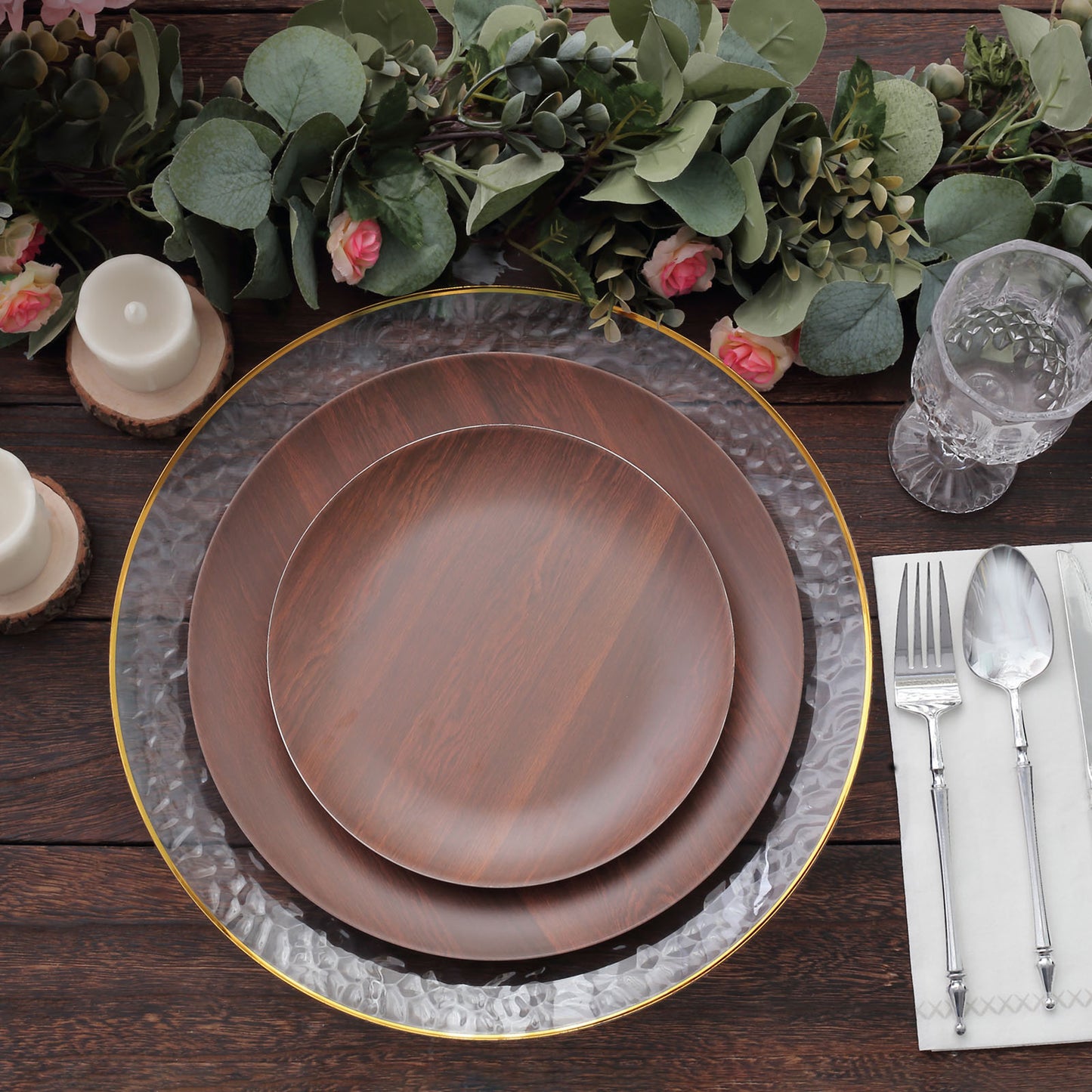 Rustic brown wood grain shatterproof melamine salad plates in a farmhouse setting.