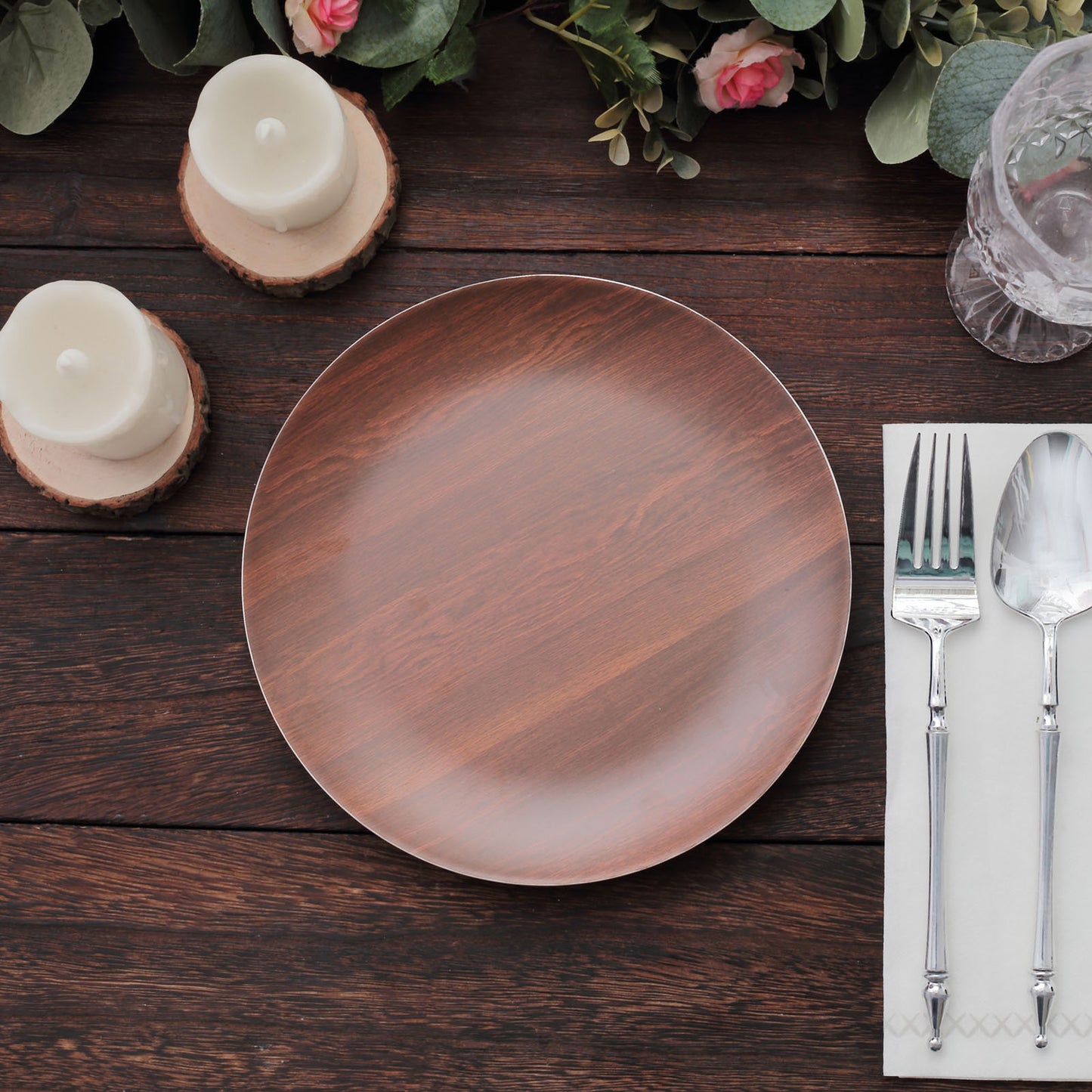 Rustic brown wood grain shatterproof melamine salad plate on a wooden table.