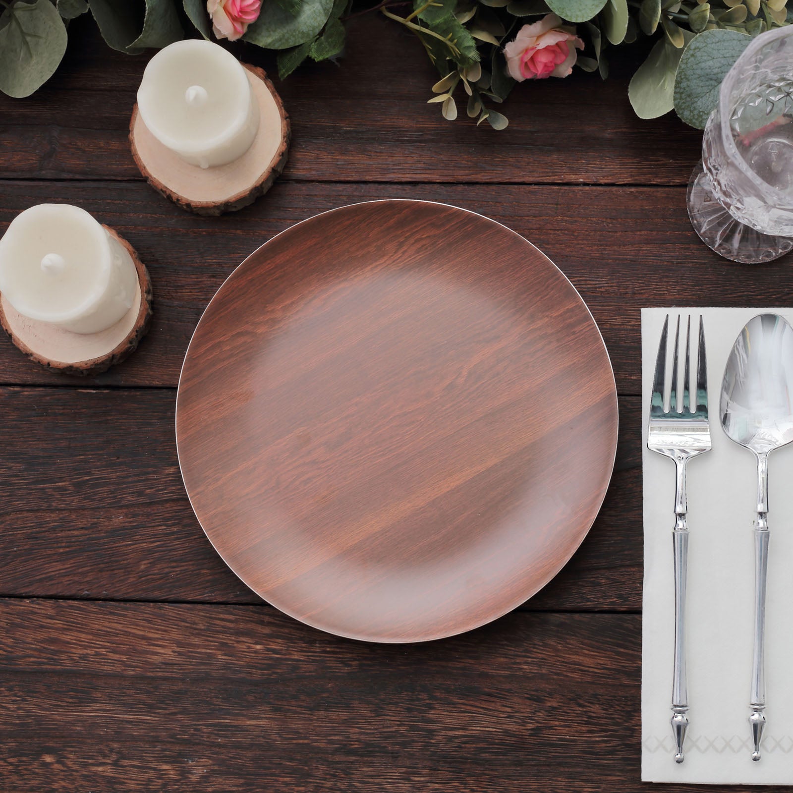 Rustic brown wood grain shatterproof melamine salad plate on a wooden table.