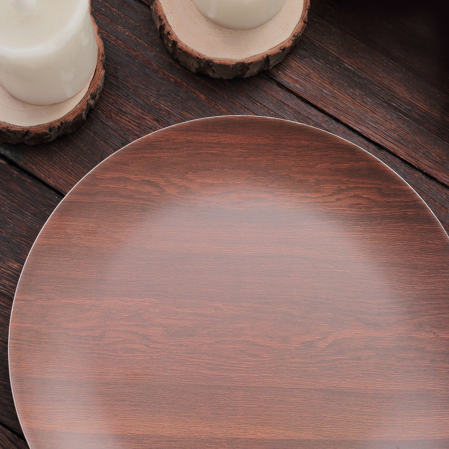 Rustic brown shatterproof melamine salad plate on a wooden surface.