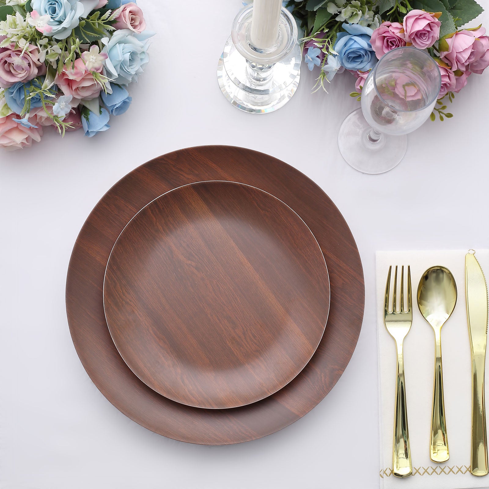 Rustic brown shatterproof melamine salad plates in a farmhouse style setting.