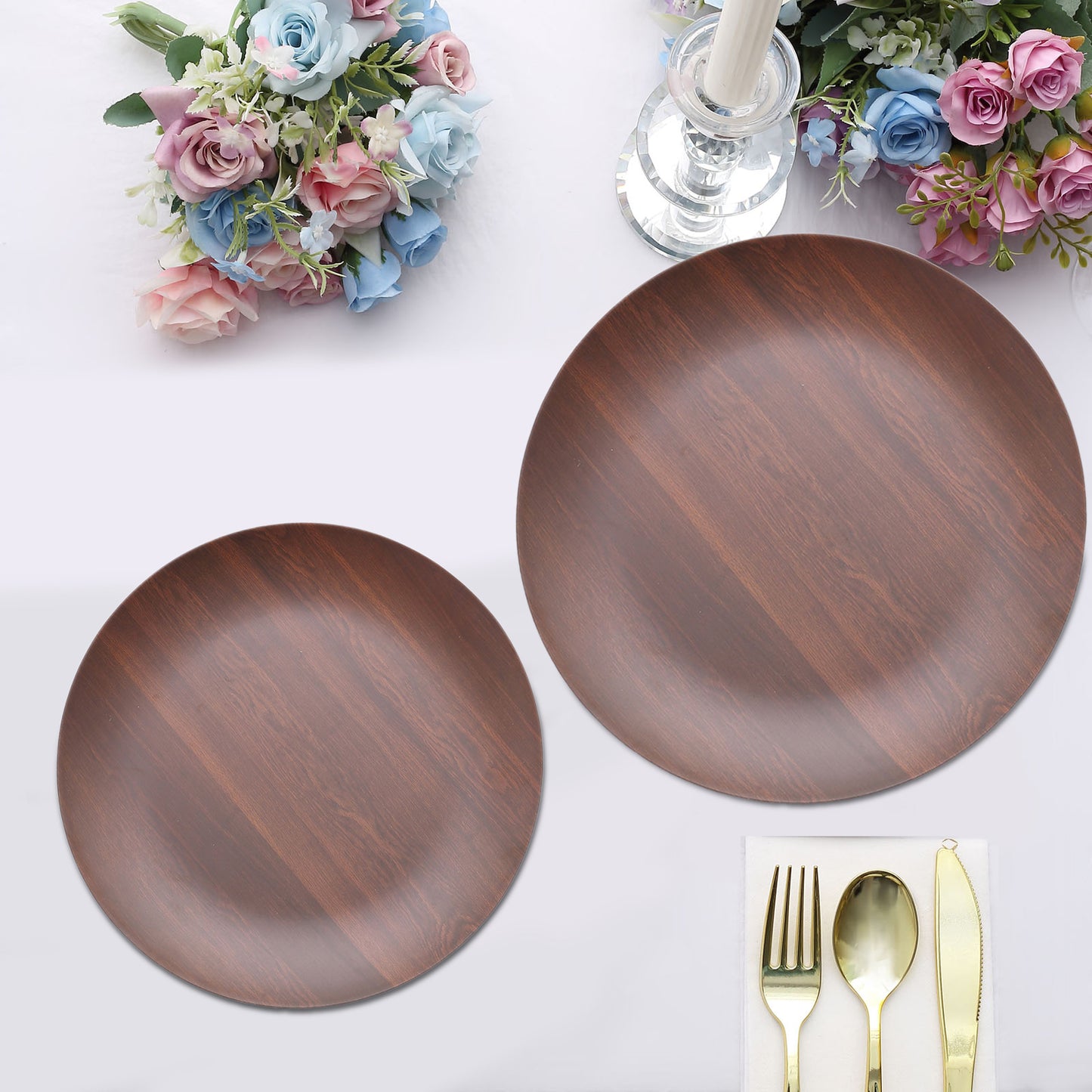 Rustic brown melamine salad plates in farmhouse style, shatterproof and heavy duty.