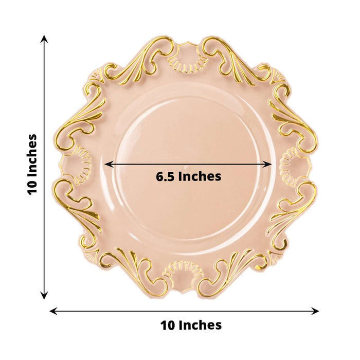 10 Pack Clear Gold European Style Disposable Dinner Plates With Scalloped Rim, Vintage Baroque Plastic Party Plates - 10"