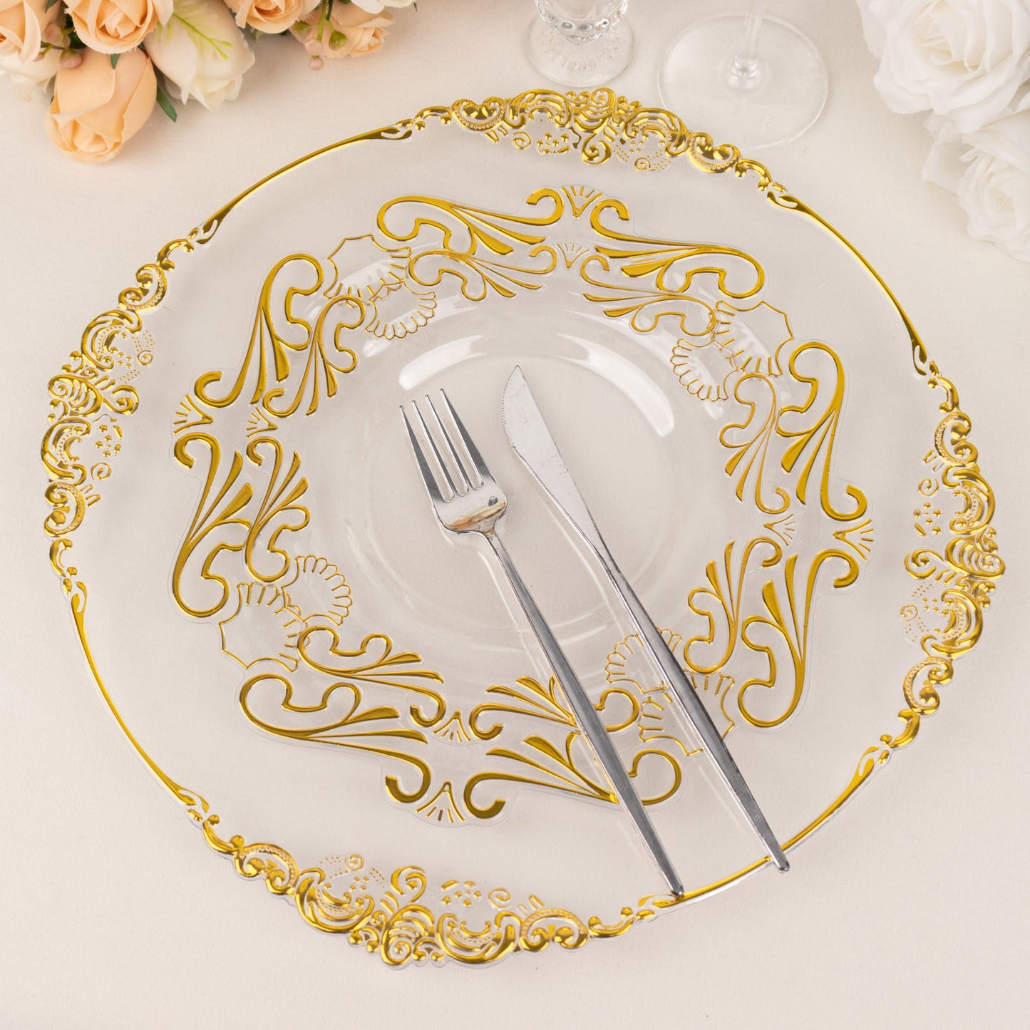 10 Pack Clear Gold European Style Disposable Dinner Plates With Scalloped Rim, Vintage Baroque Plastic Party Plates - 10"