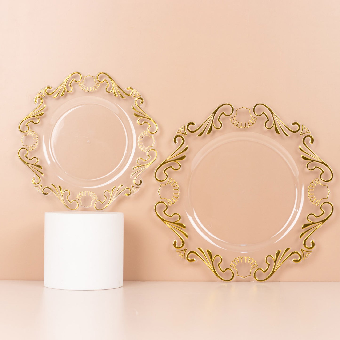 10 Pack Clear Gold European Style Disposable Dinner Plates With Scalloped Rim, Vintage Baroque Plastic Party Plates - 10"