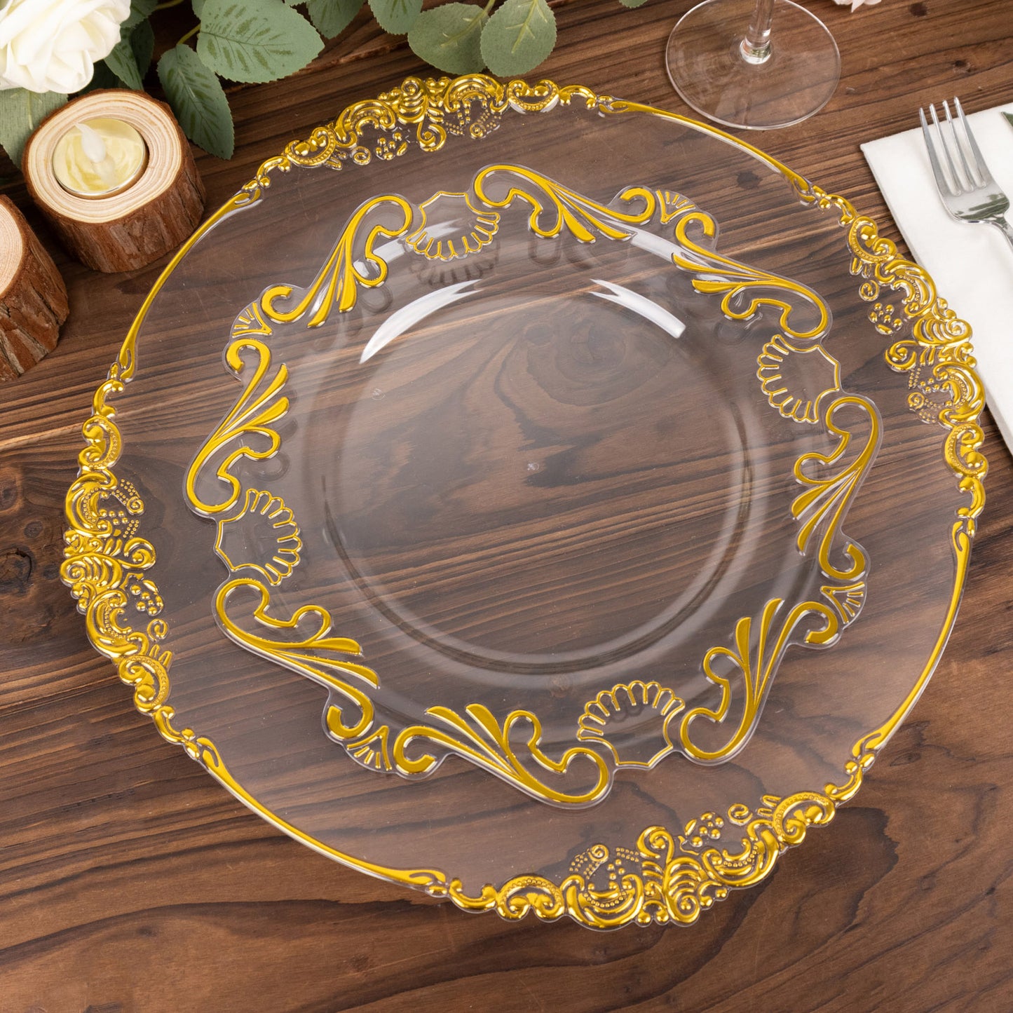 10 Pack Clear Gold European Style Disposable Dinner Plates With Scalloped Rim, Vintage Baroque Plastic Party Plates - 10"