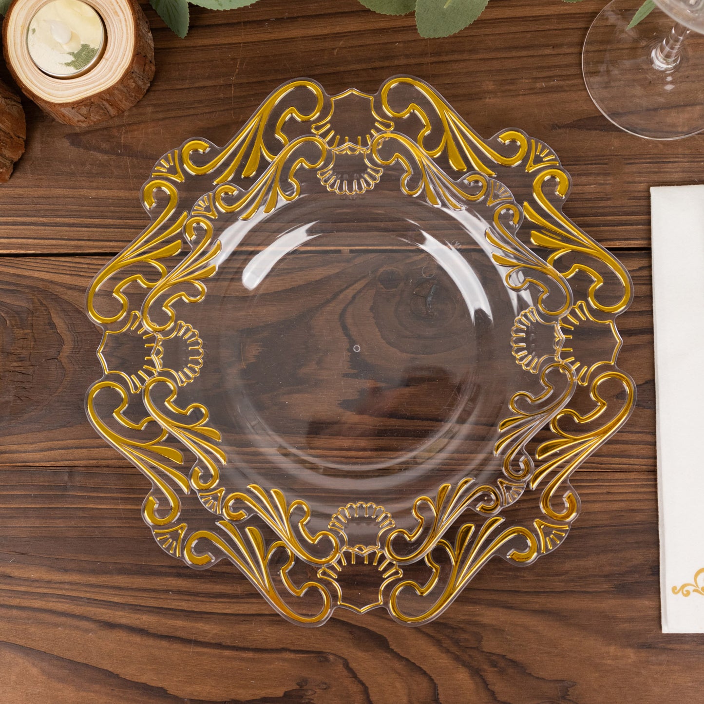 10 Pack Clear Gold European Style Disposable Dinner Plates With Scalloped Rim, Vintage Baroque Plastic Party Plates - 10"