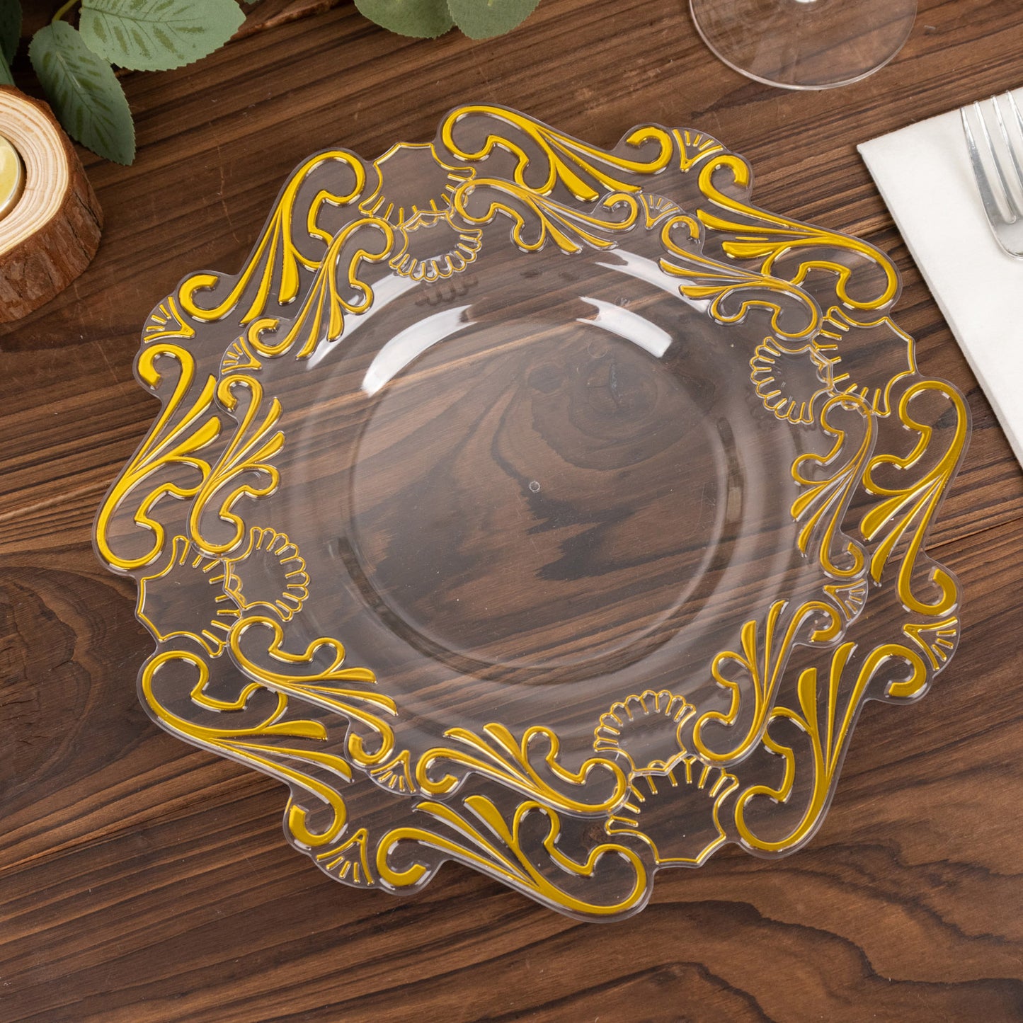 10 Pack Clear Gold European Style Disposable Dinner Plates With Scalloped Rim, Vintage Baroque Plastic Party Plates - 10"