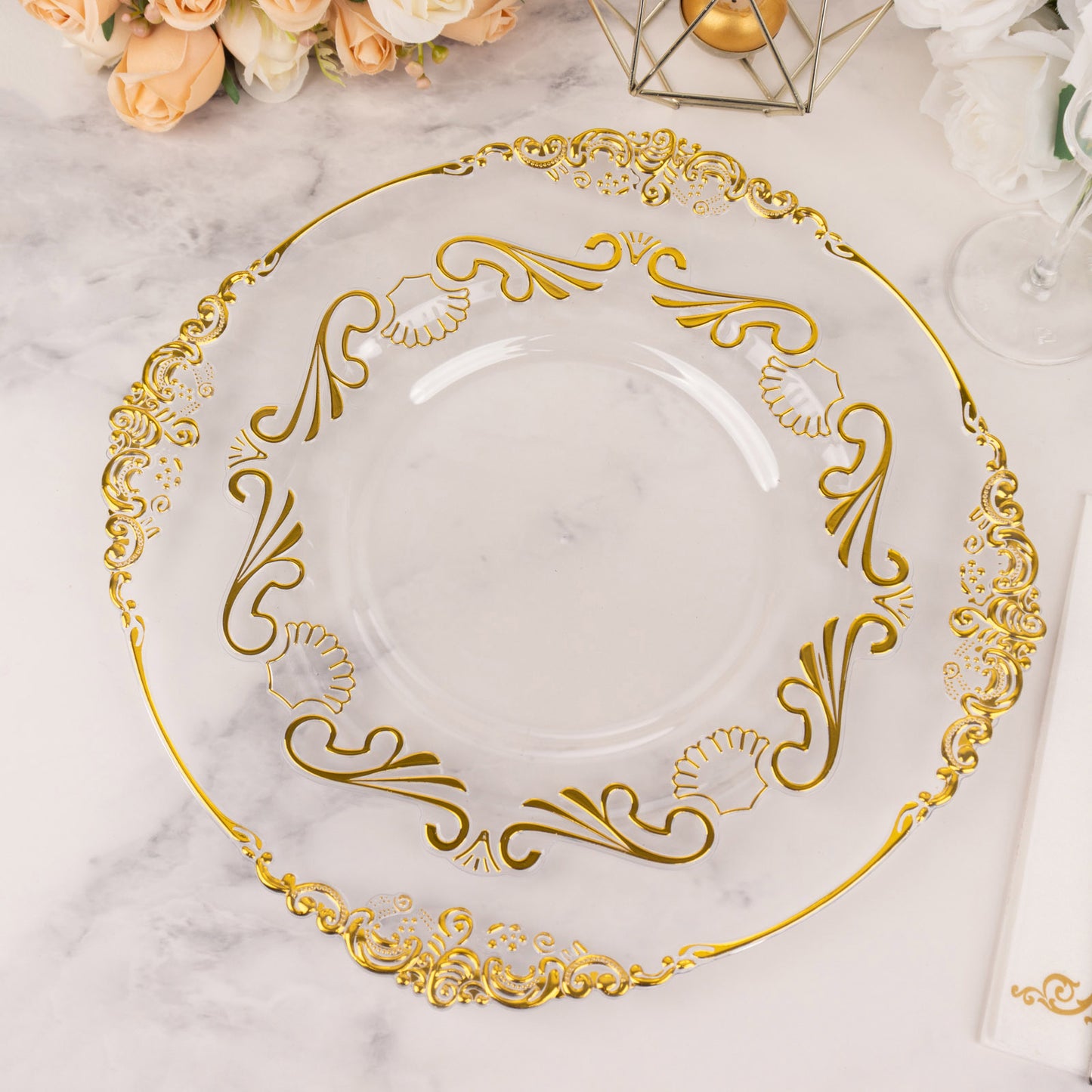 10 Pack Clear Gold European Style Disposable Dinner Plates With Scalloped Rim, Vintage Baroque Plastic Party Plates - 10"