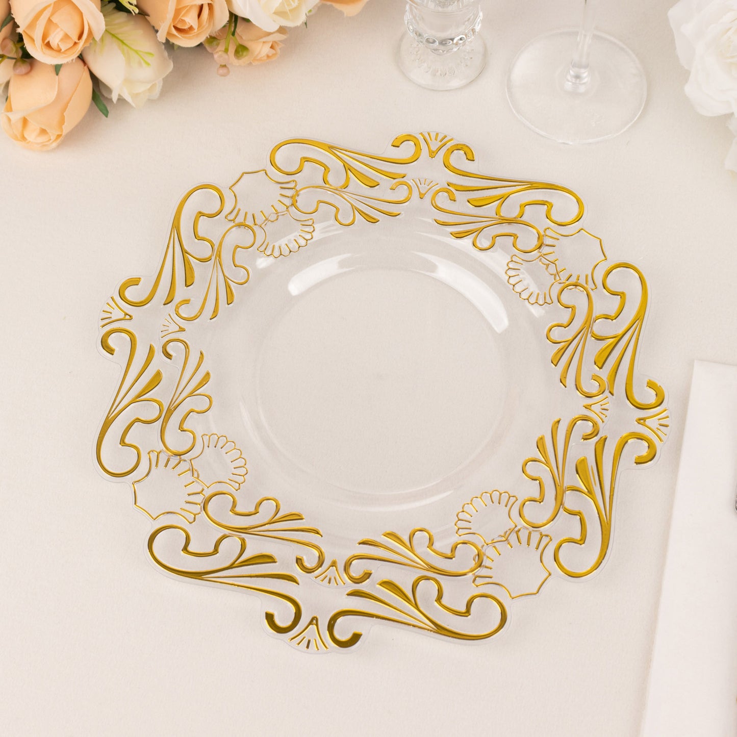 10 Pack Clear Gold European Style Disposable Dinner Plates With Scalloped Rim, Vintage Baroque Plastic Party Plates - 10"