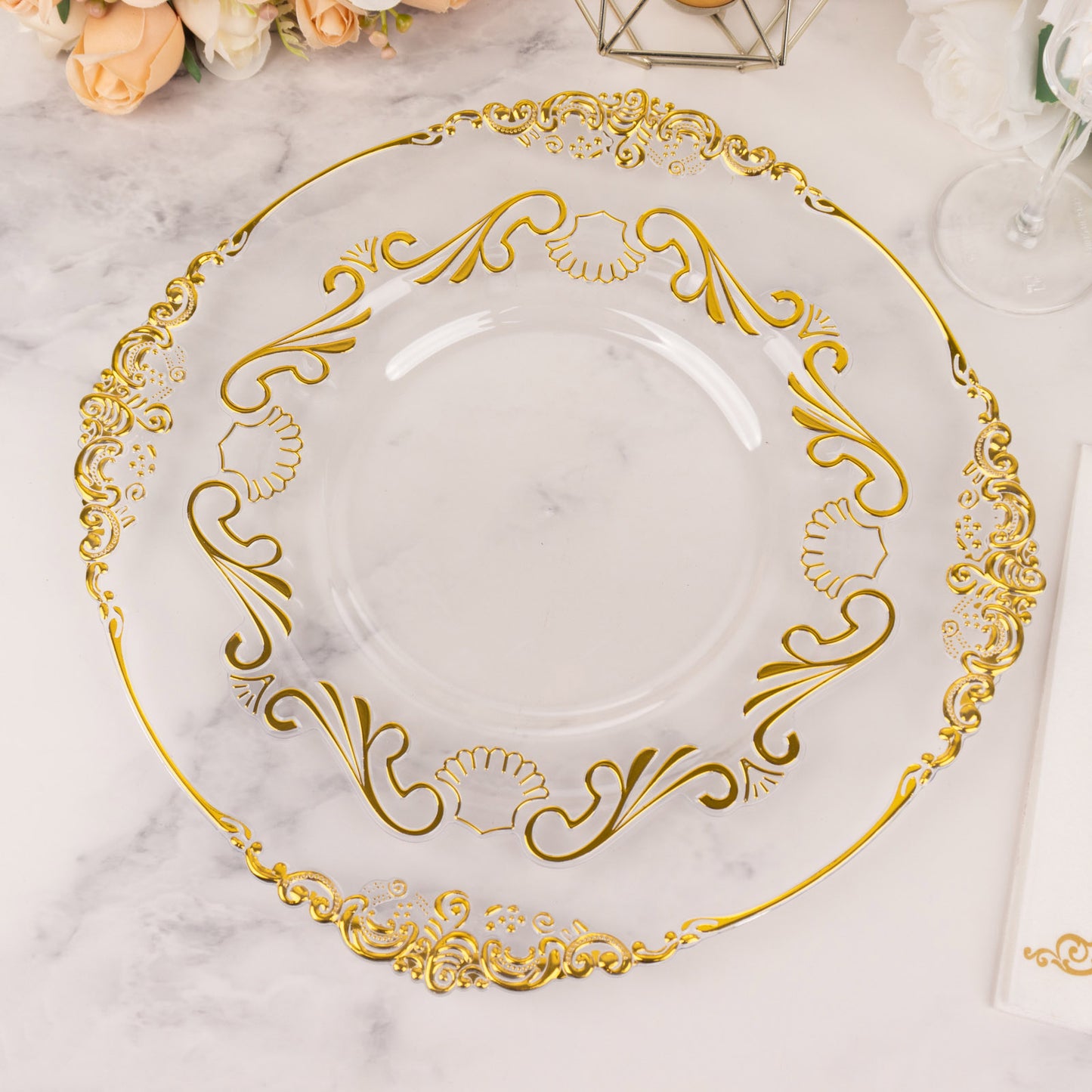 10 Pack Clear Gold European Style Disposable Dinner Plates With Scalloped Rim, Vintage Baroque Plastic Party Plates - 10"