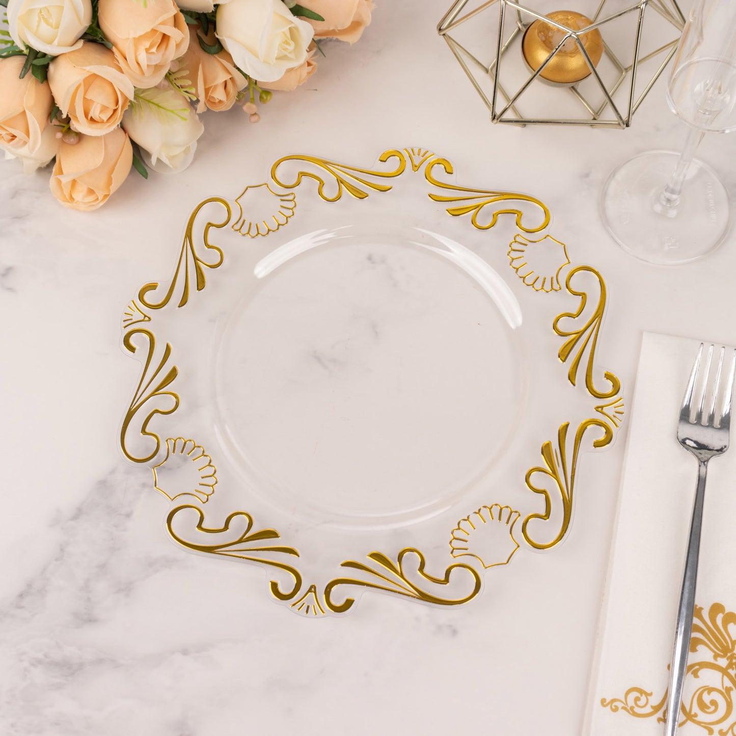 10 Pack Clear Gold European Style Disposable Dinner Plates With Scalloped Rim, Vintage Baroque Plastic Party Plates - 10"