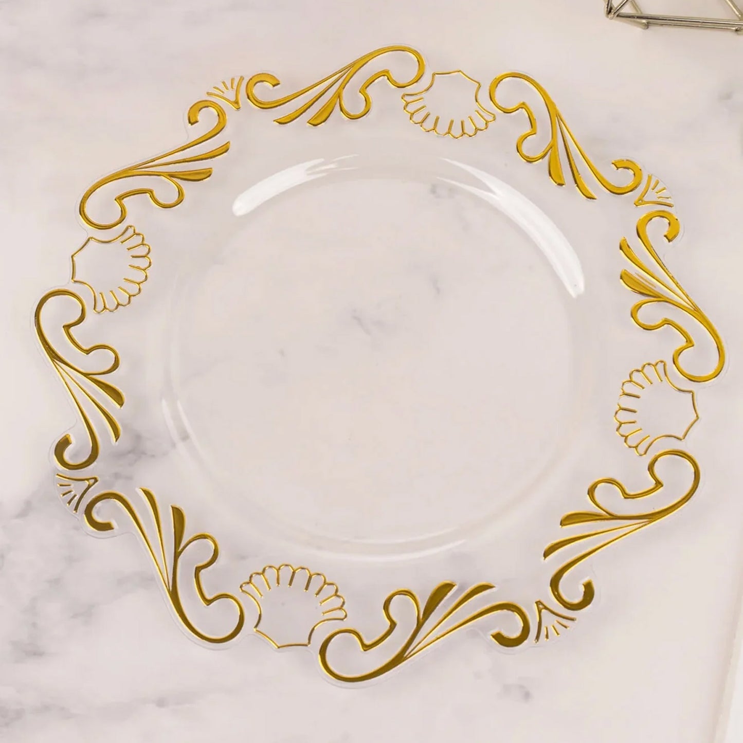 10 Pack Clear Gold European Style Disposable Dinner Plates With Scalloped Rim, Vintage Baroque Plastic Party Plates - 10"