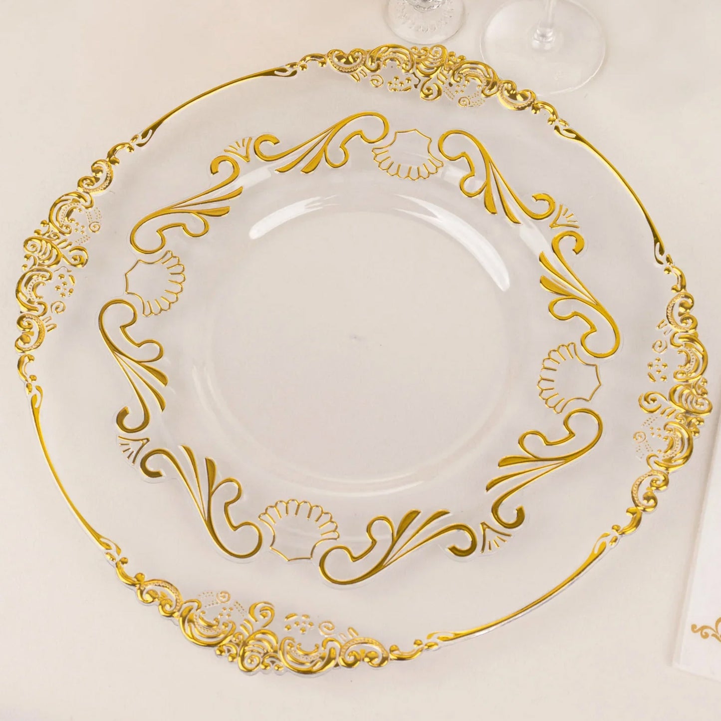 10 Pack Clear Gold European Style Disposable Dinner Plates With Scalloped Rim, Vintage Baroque Plastic Party Plates - 10"