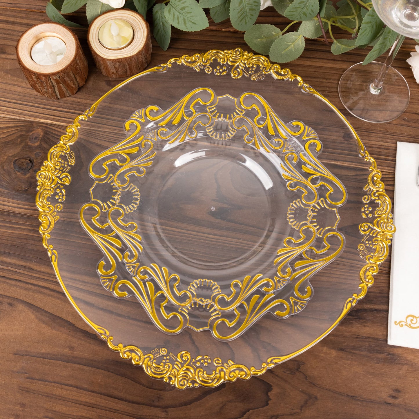 10 Pack Clear Gold European Style Disposable Salad Plates With Scalloped Rim, Vintage Baroque Plastic Appetizer Dessert Plates - 8"