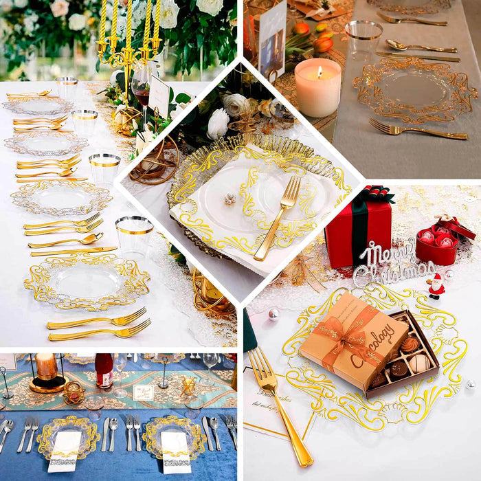 10 Pack Clear Gold European Style Disposable Dinner Plates With Scalloped Rim, Vintage Baroque Plastic Party Plates - 10"