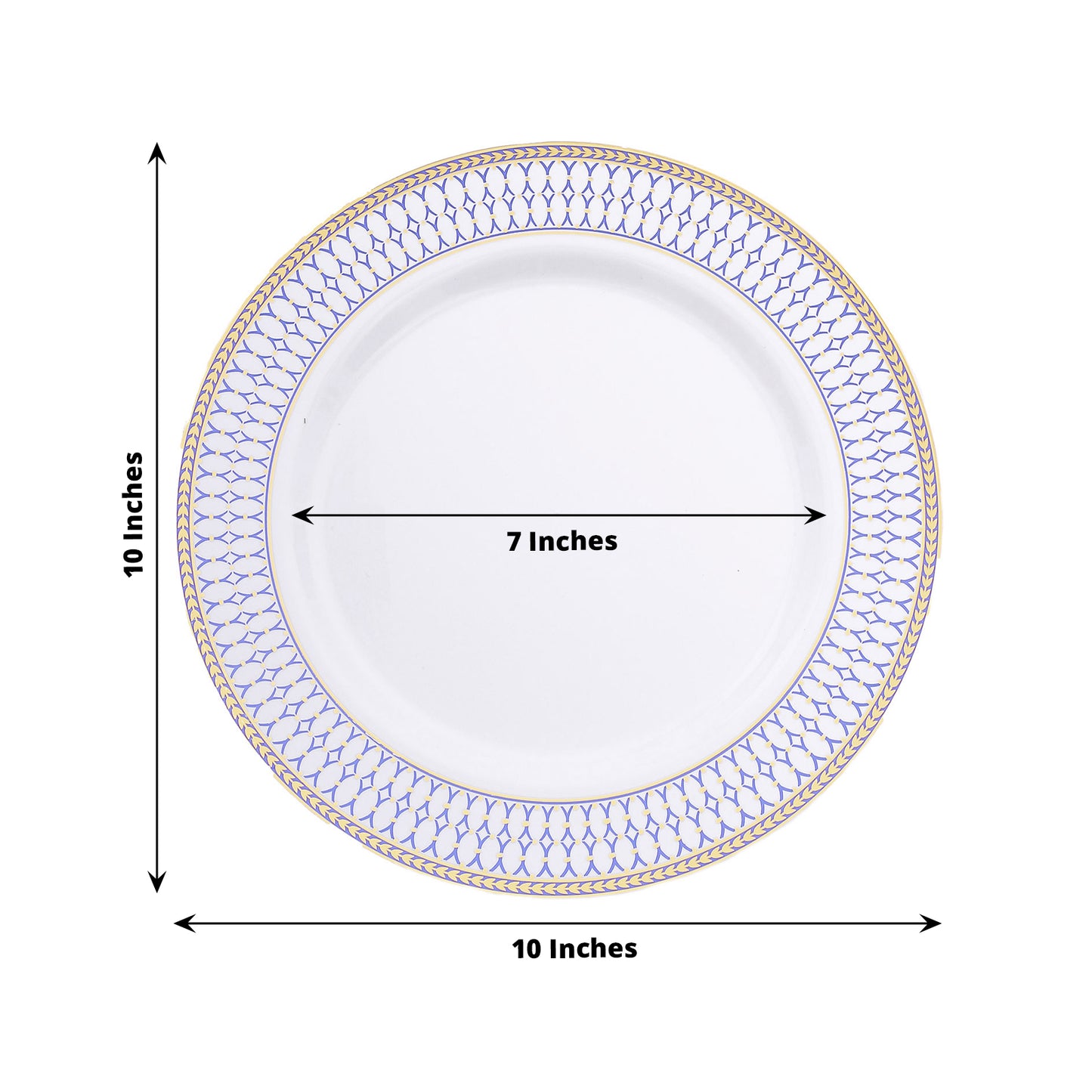 10 Pack White Renaissance Disposable Dinner Plates With Gold Navy Blue Chord Rim, Plastic Party Plates - 10"