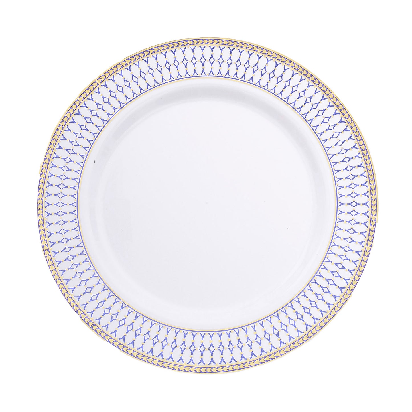 10 Pack White Renaissance Disposable Dinner Plates With Gold Navy Blue Chord Rim, Plastic Party Plates - 10"