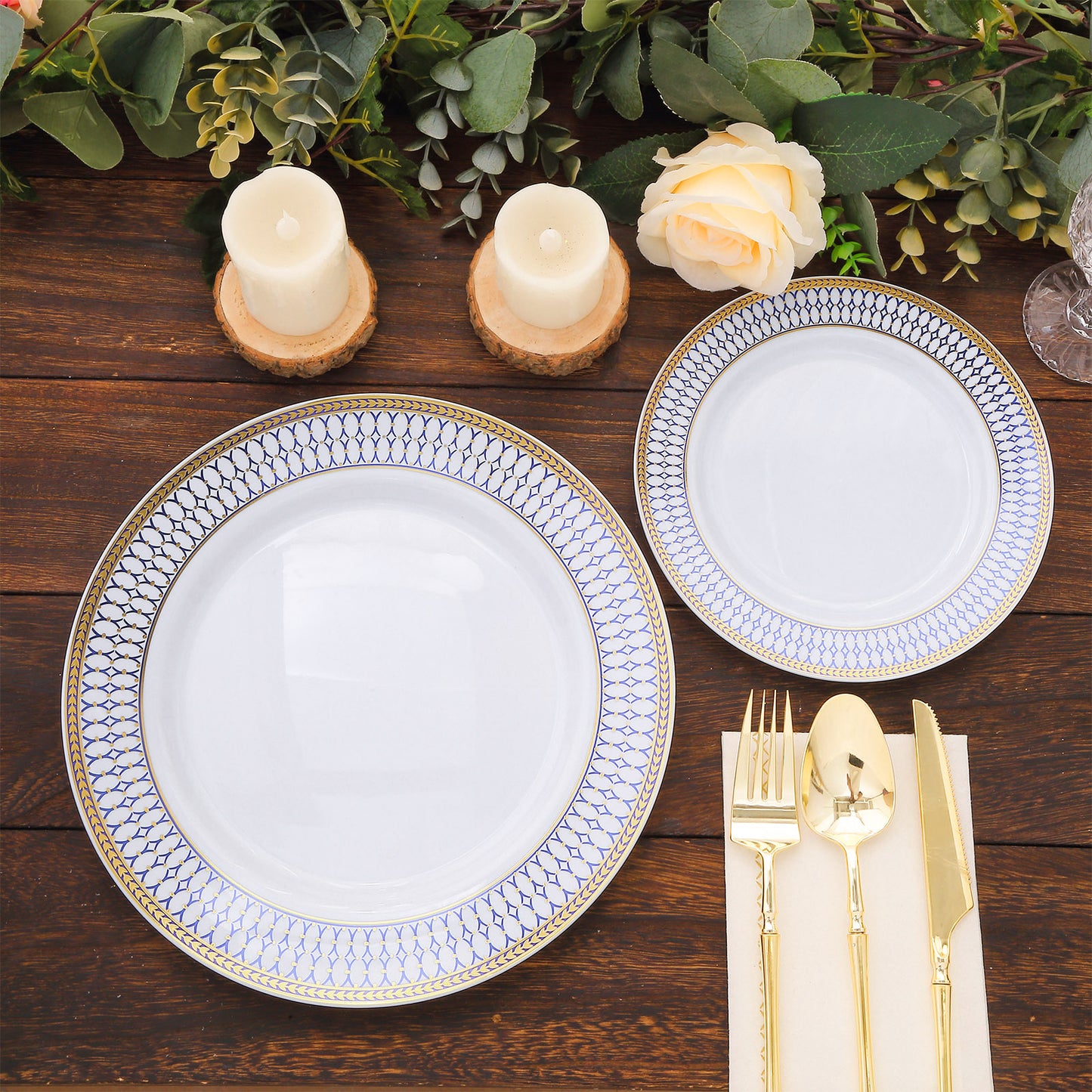 10 Pack White Renaissance Disposable Dinner Plates With Gold Navy Blue Chord Rim, Plastic Party Plates - 10"