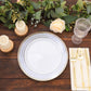 10 Pack White Renaissance Disposable Dinner Plates With Gold Navy Blue Chord Rim, Plastic Party Plates - 10"