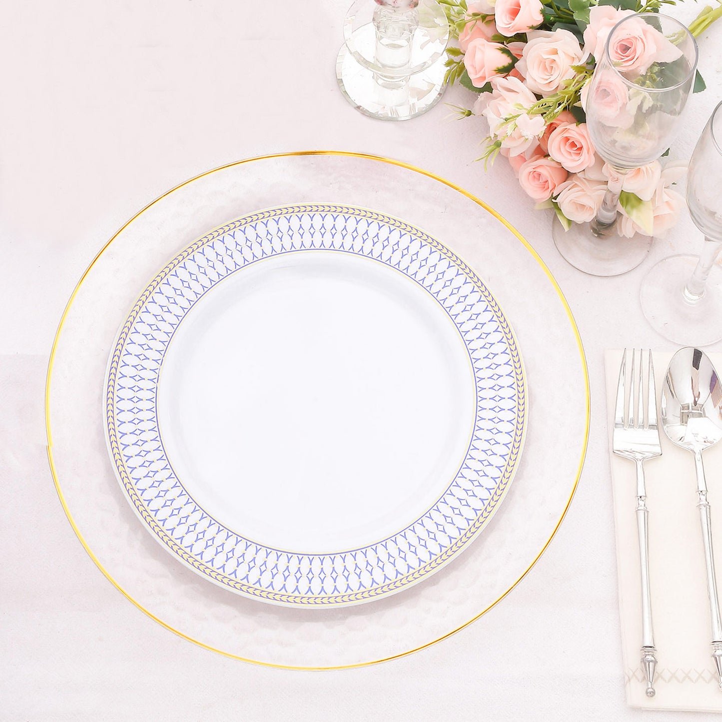 10 Pack White Renaissance Disposable Dinner Plates With Gold Navy Blue Chord Rim, Plastic Party Plates - 10"