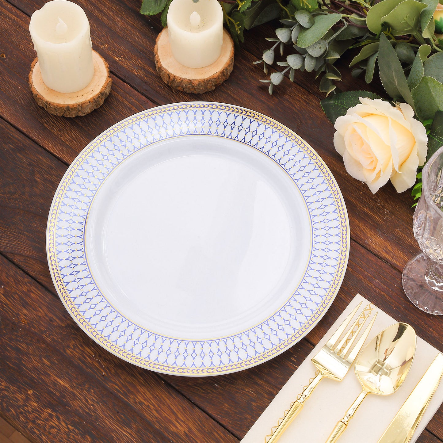 10 Pack White Renaissance Disposable Dinner Plates With Gold Navy Blue Chord Rim, Plastic Party Plates - 10"