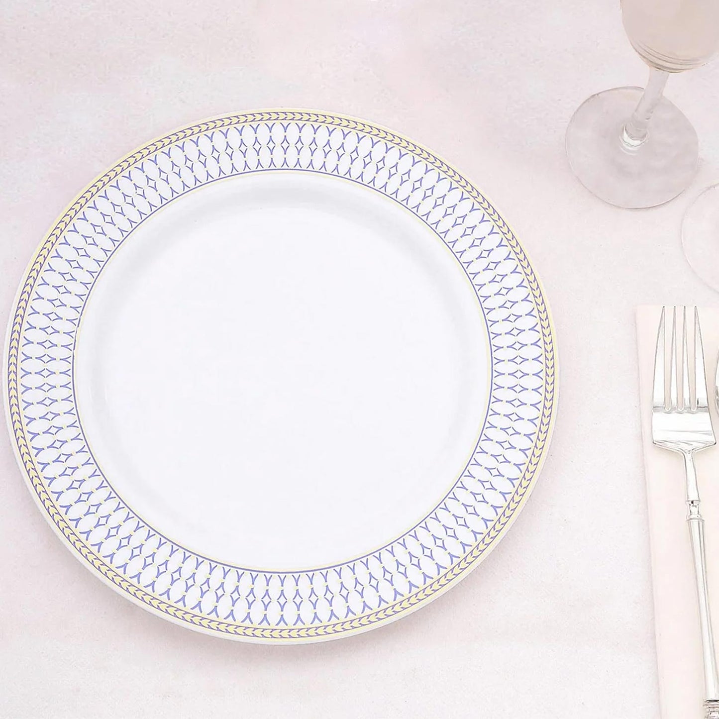 10 Pack White Renaissance Disposable Dinner Plates With Gold Navy Blue Chord Rim, Plastic Party Plates - 10"