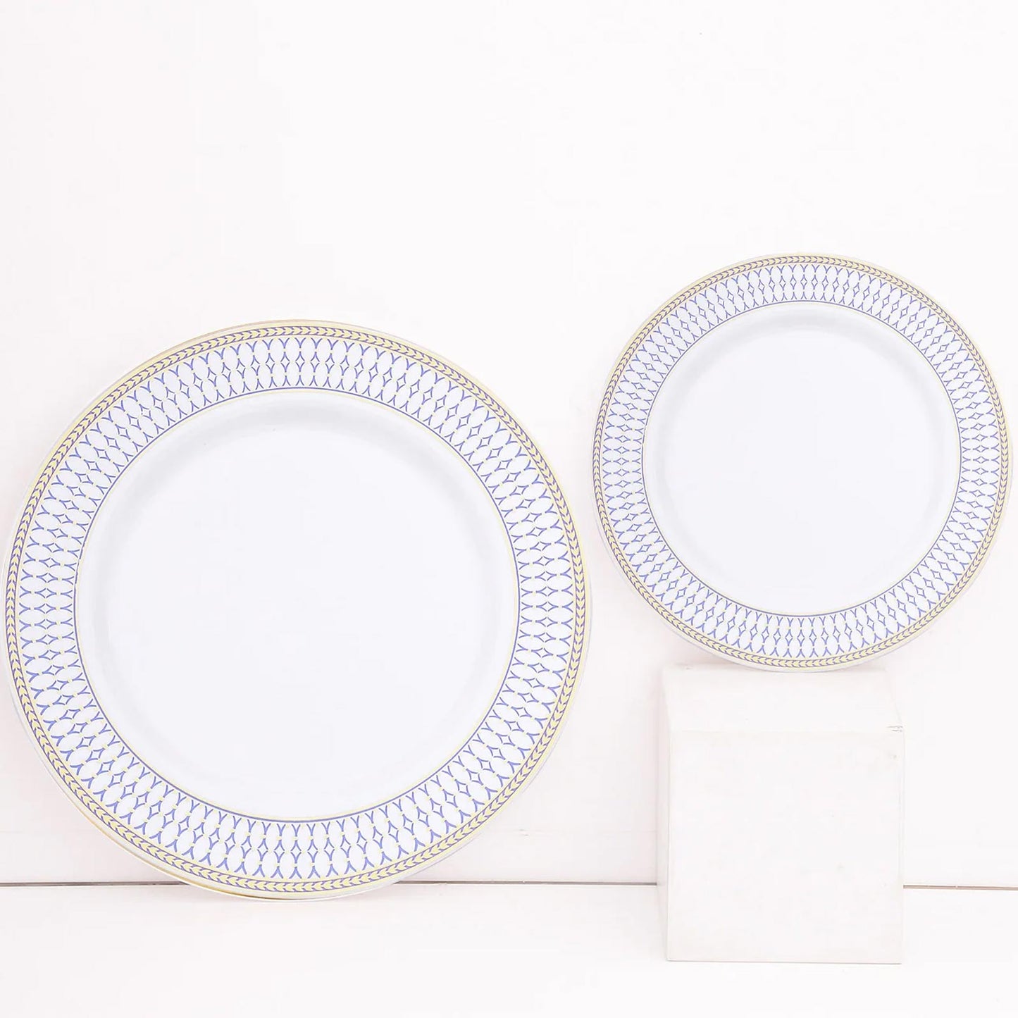 10 Pack White Renaissance Disposable Dinner Plates With Gold Navy Blue Chord Rim, Plastic Party Plates - 10"