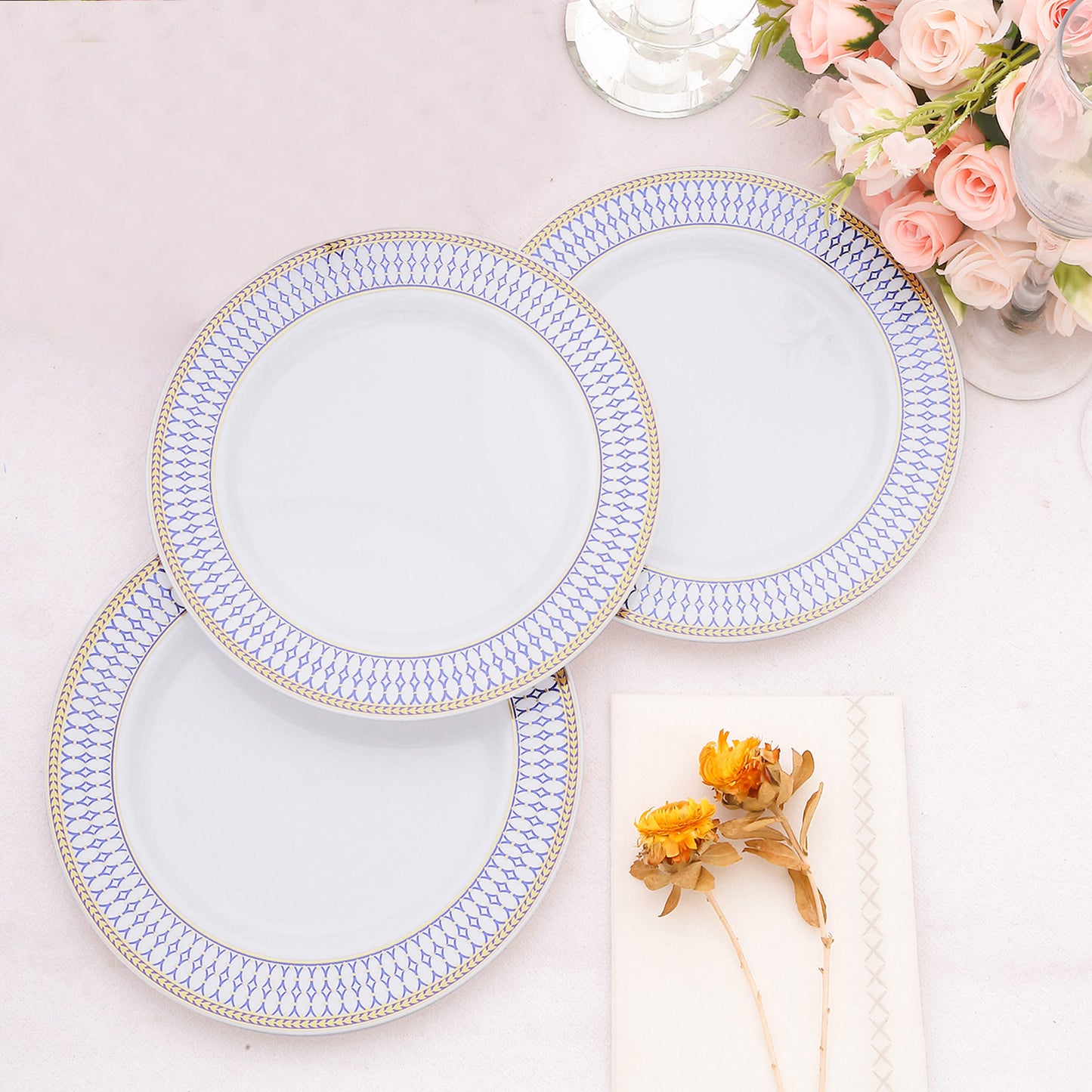 10 Pack White Renaissance Disposable Salad Plates With Gold Navy Blue Chord Rim, Plastic Appetizer Dessert Plates - 7"