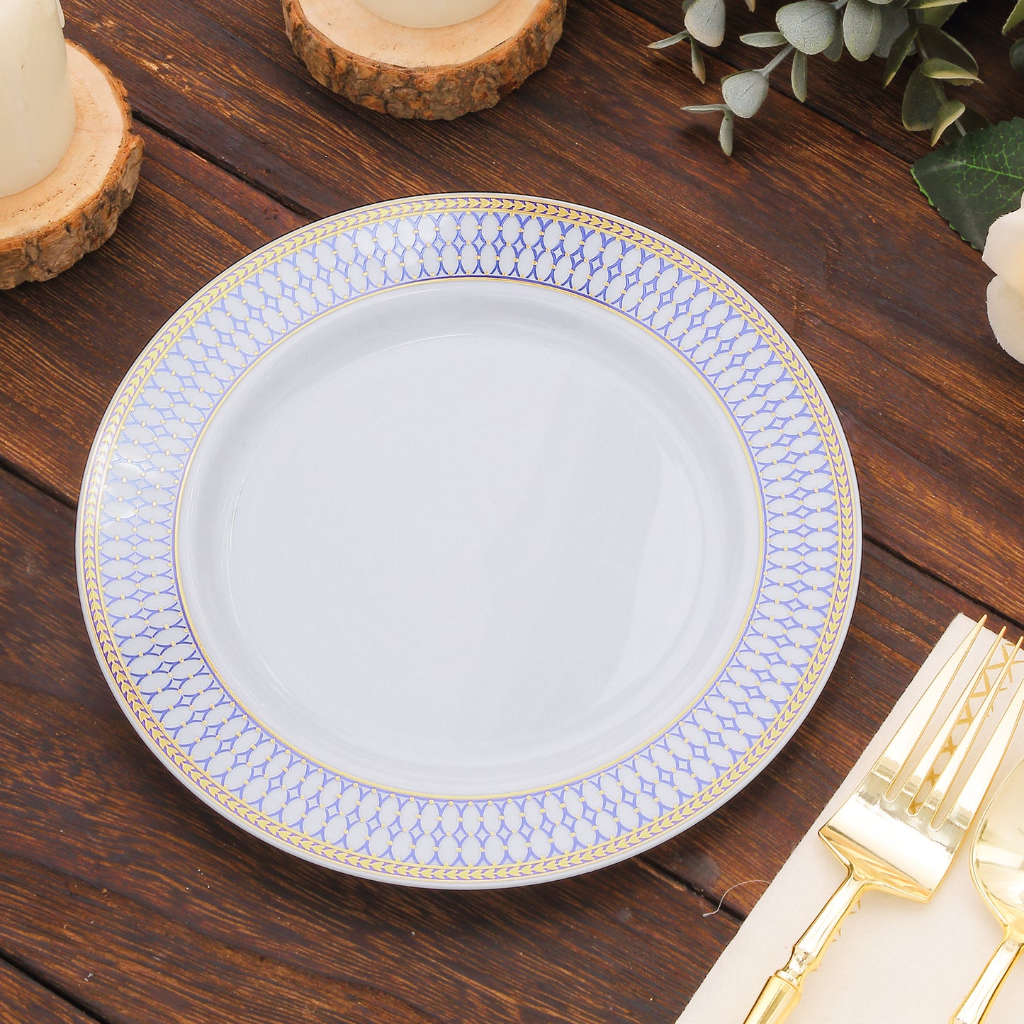 10 Pack White Renaissance Disposable Salad Plates With Gold Navy Blue Chord Rim, Plastic Appetizer Dessert Plates - 7"