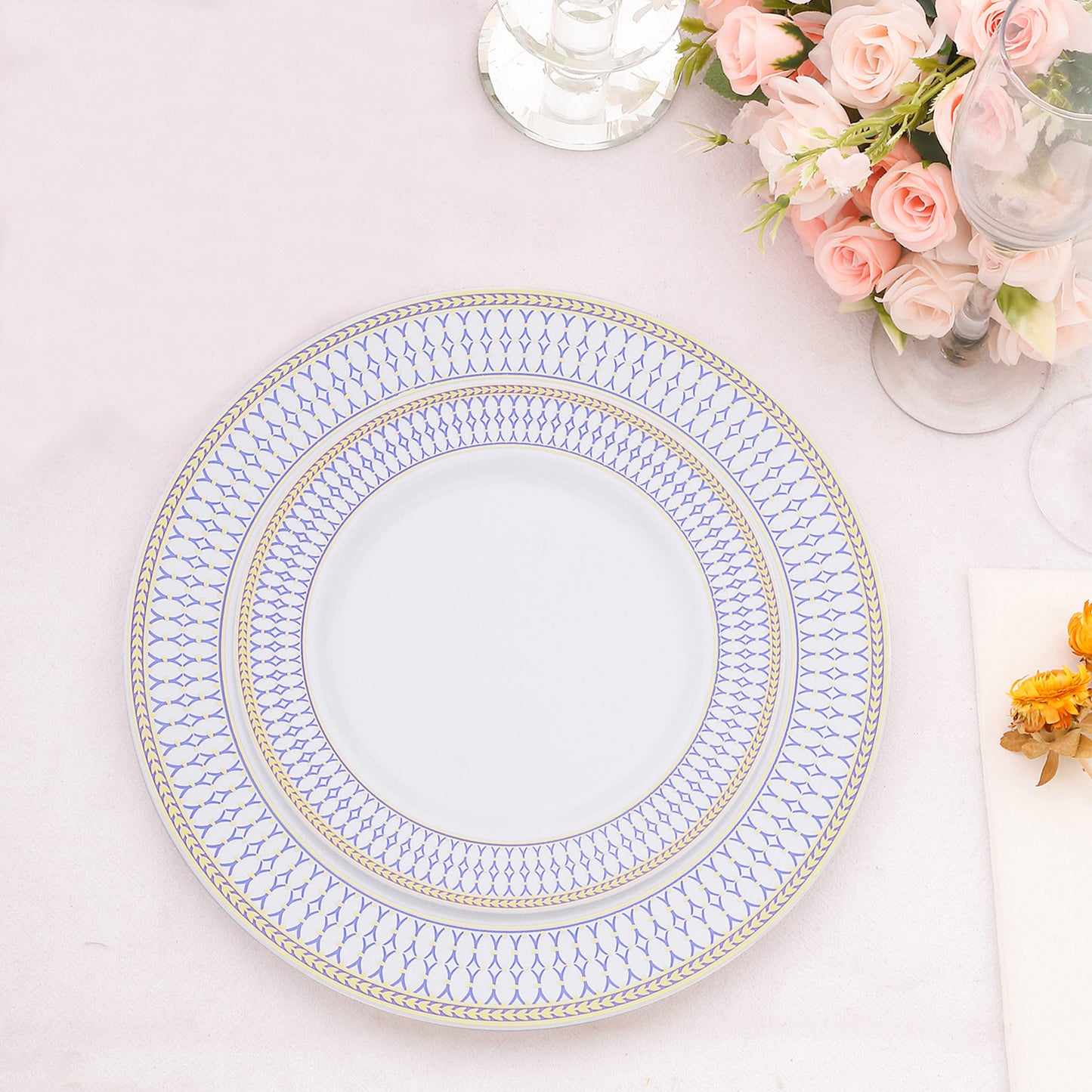 10 Pack White Renaissance Disposable Salad Plates With Gold Navy Blue Chord Rim, Plastic Appetizer Dessert Plates - 7"