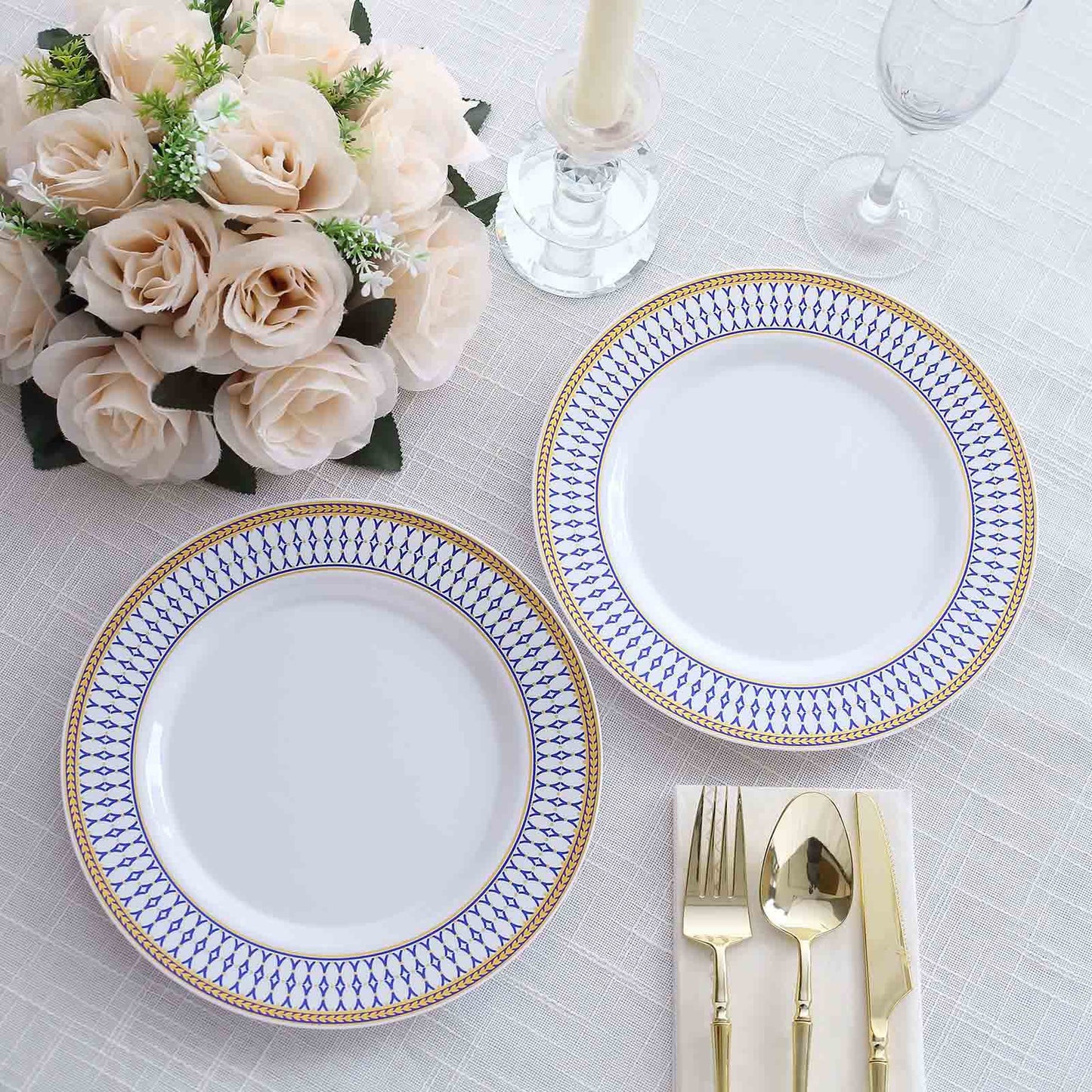 10 Pack White Renaissance Plastic Party Plates With Gold Navy Blue Chord Rim, Round Disposable Dinner Plates - 9"