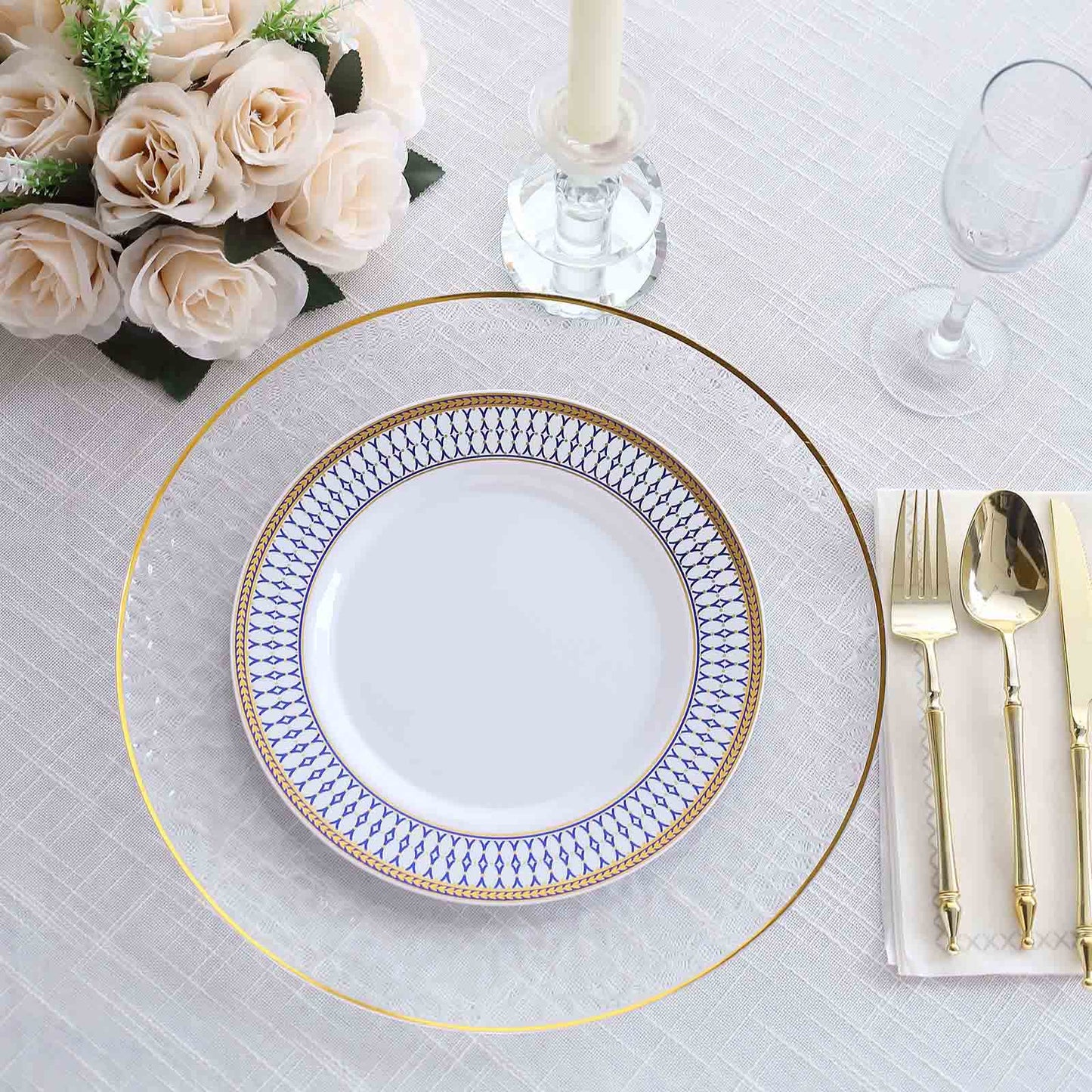 10 Pack White Renaissance Plastic Party Plates With Gold Navy Blue Chord Rim, Round Disposable Dinner Plates - 9"