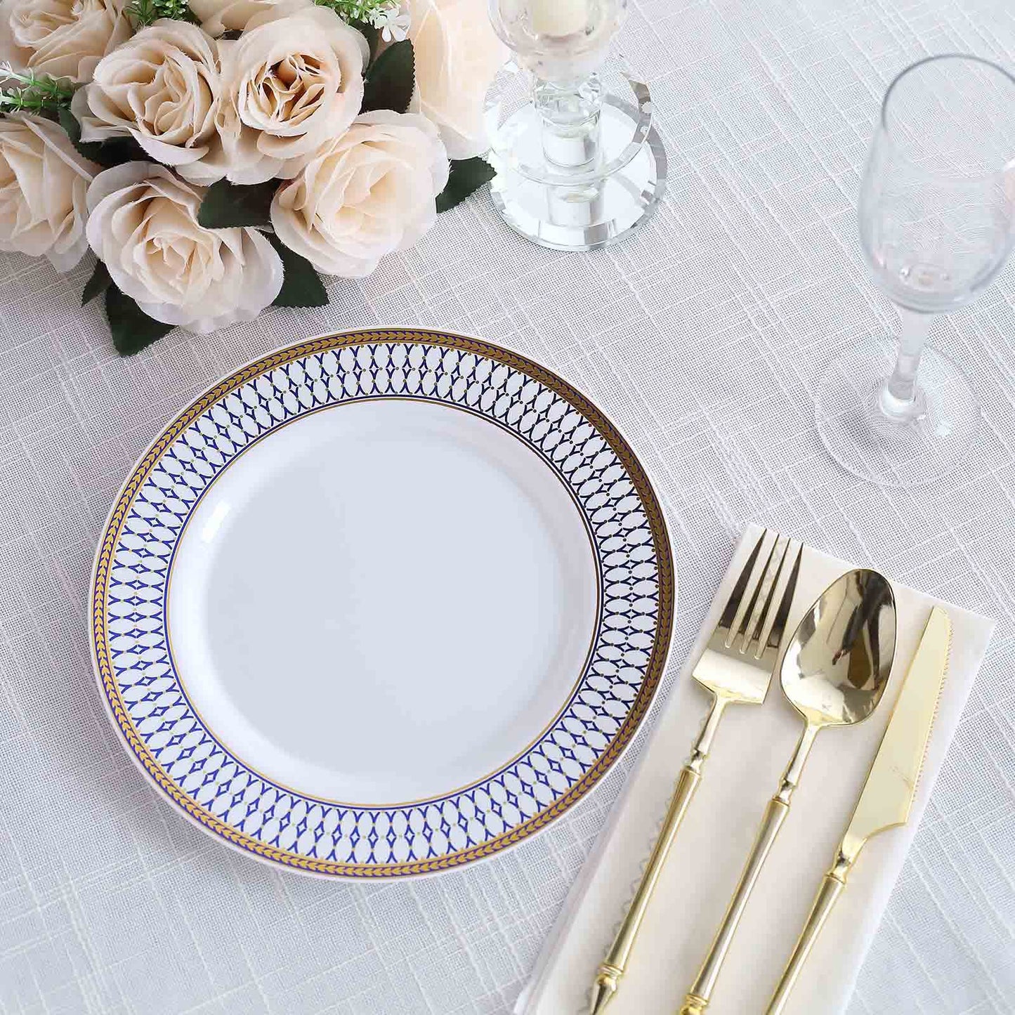 10 Pack White Renaissance Plastic Party Plates With Gold Navy Blue Chord Rim, Round Disposable Dinner Plates - 9"