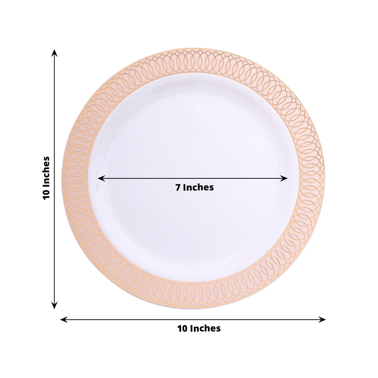 10 Pack White Disposable Party Plates With Blush Rose Gold Spiral Rim, 10" Round Plastic Dinner Plates