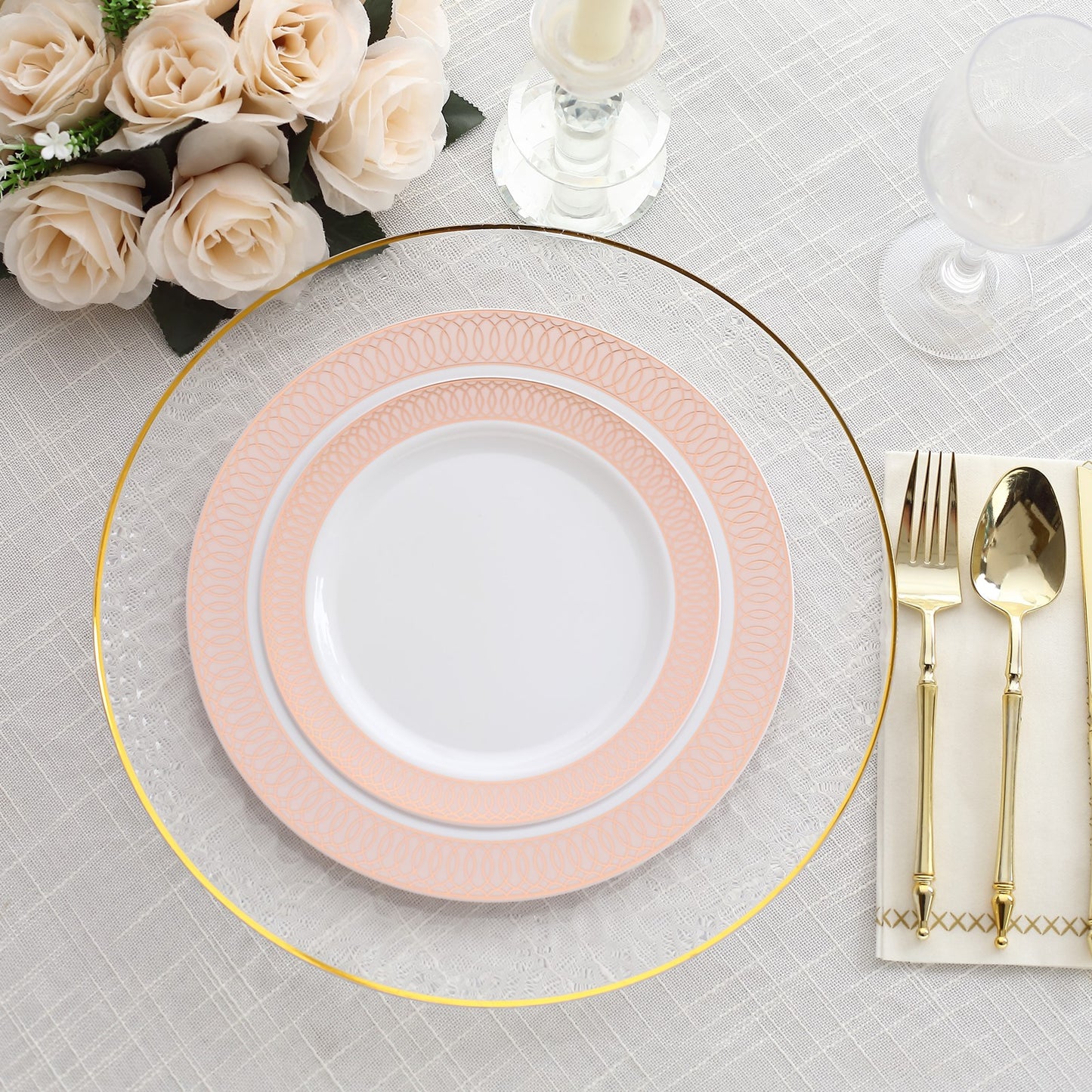 10 Pack White Disposable Party Plates With Blush Rose Gold Spiral Rim, 10" Round Plastic Dinner Plates