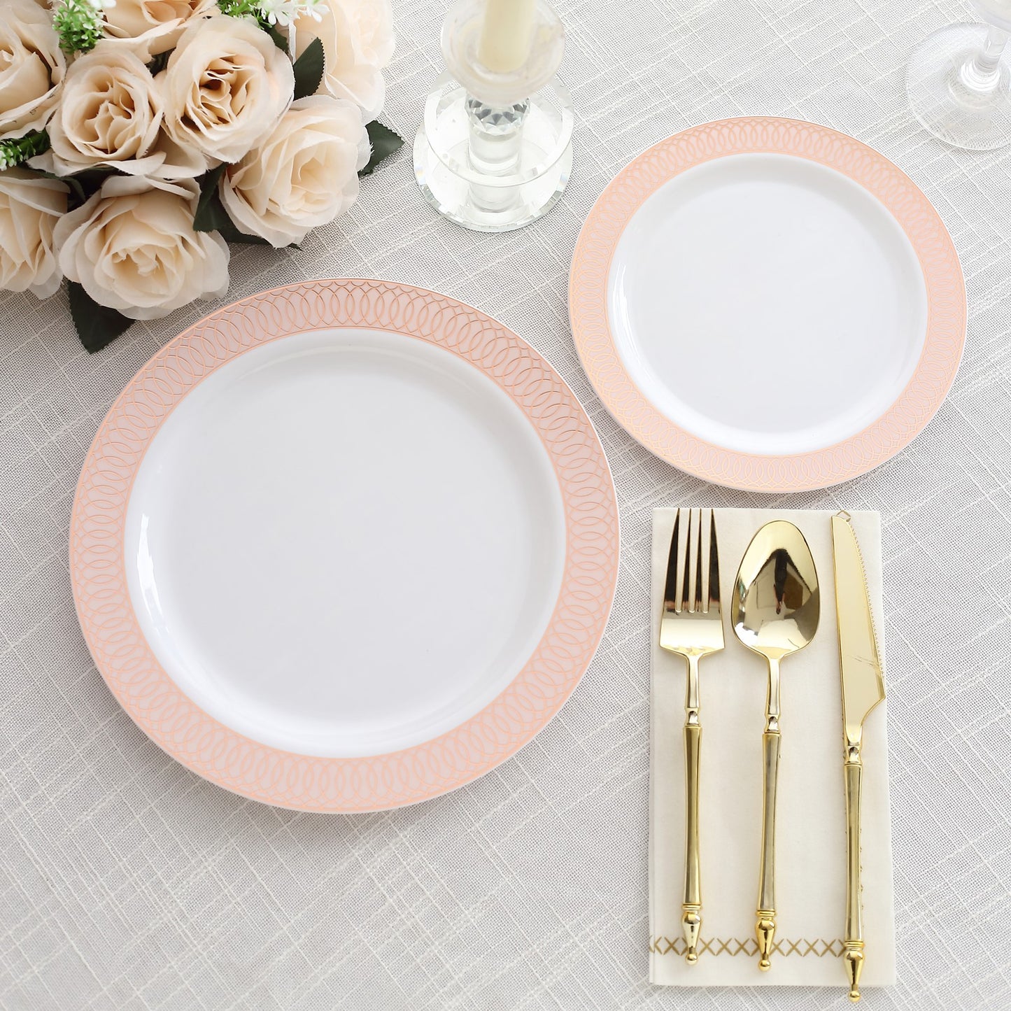 10 Pack White Disposable Party Plates With Blush Rose Gold Spiral Rim, 10" Round Plastic Dinner Plates