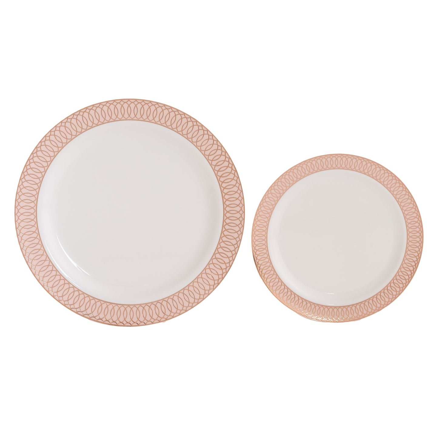10 Pack White Disposable Party Plates With Blush Rose Gold Spiral Rim, 10" Round Plastic Dinner Plates