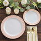 10 Pack White Disposable Party Plates With Blush Rose Gold Spiral Rim, 10" Round Plastic Dinner Plates