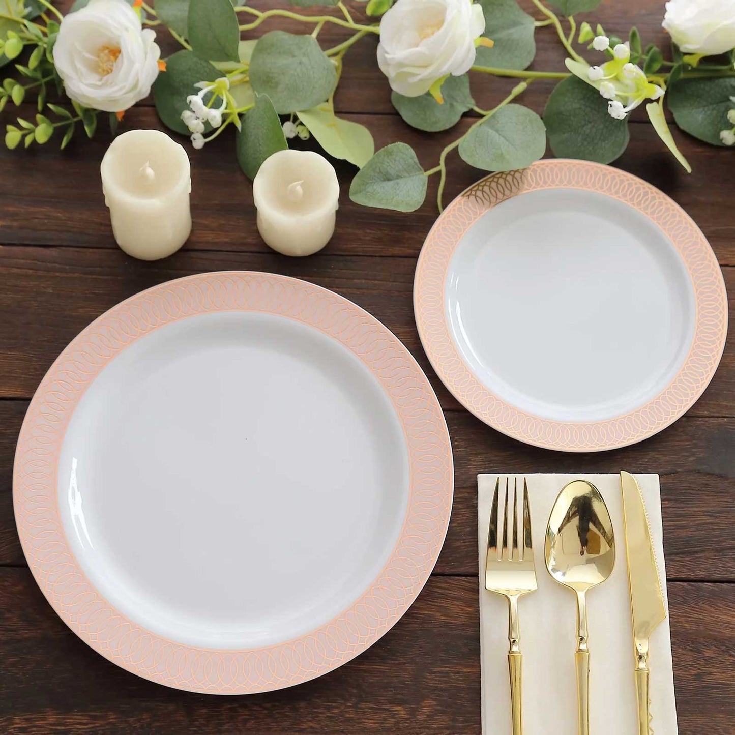 10 Pack White Disposable Party Plates With Blush Rose Gold Spiral Rim, 10" Round Plastic Dinner Plates