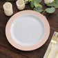 10 Pack White Disposable Party Plates With Blush Rose Gold Spiral Rim, 10" Round Plastic Dinner Plates