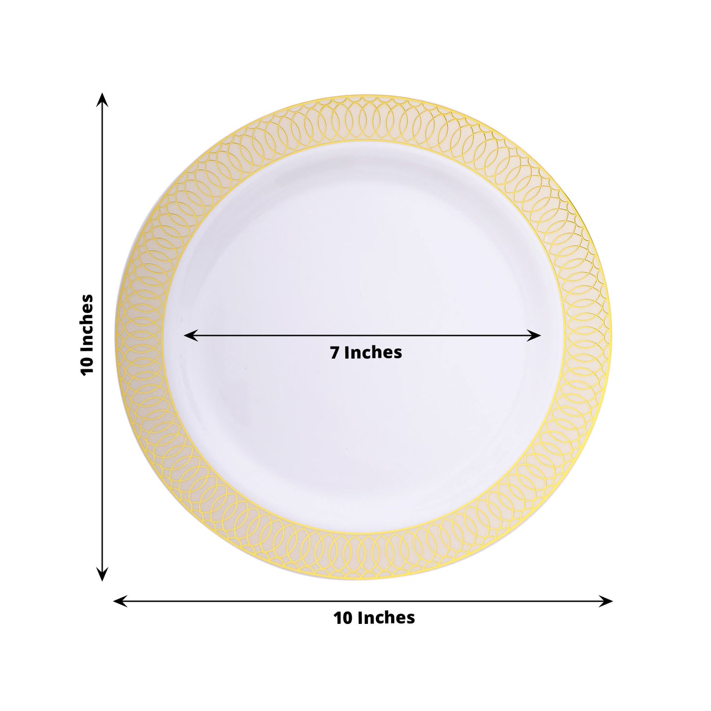 10 Pack White Disposable Party Plates With Beige Gold Spiral Rim, 10" Round Plastic Dinner Plates