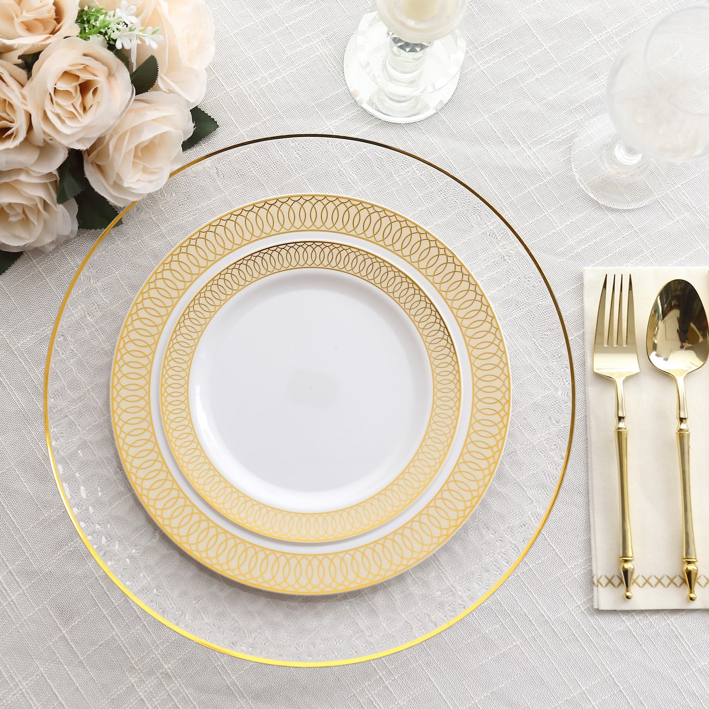 10 Pack White Disposable Party Plates With Beige Gold Spiral Rim, 10" Round Plastic Dinner Plates