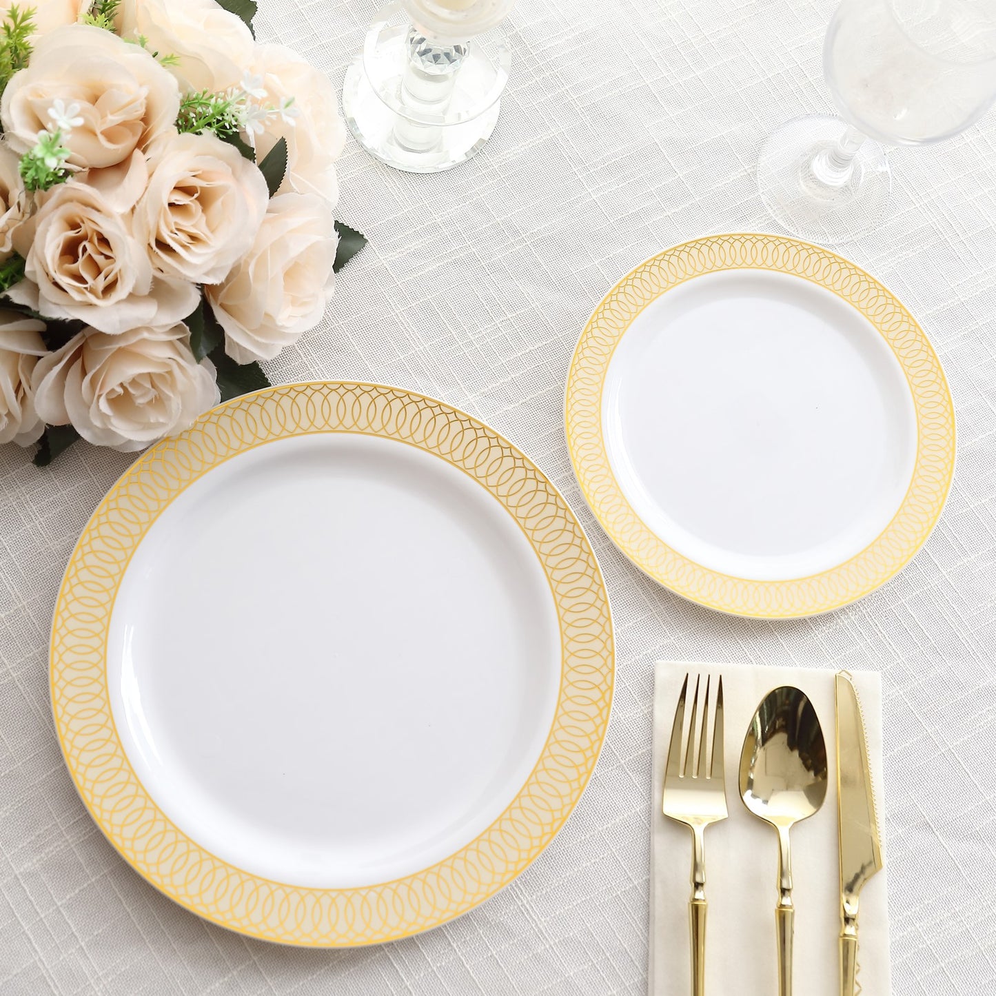 10 Pack White Disposable Party Plates With Beige Gold Spiral Rim, 10" Round Plastic Dinner Plates