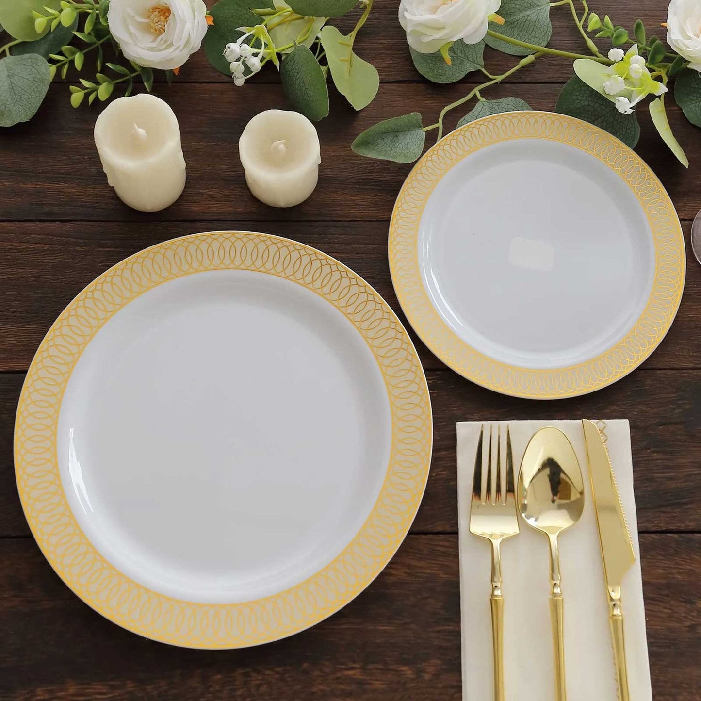 10 Pack White Disposable Party Plates With Beige Gold Spiral Rim, 10" Round Plastic Dinner Plates